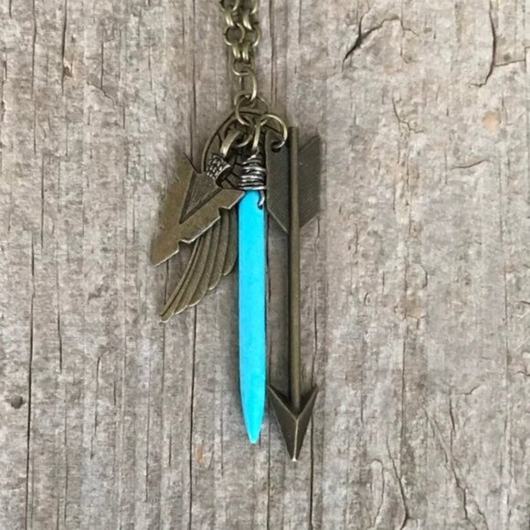 Turquoise Spike Antique Brass Charm Necklace - 24 Inch Chain - Picture 2 of 5